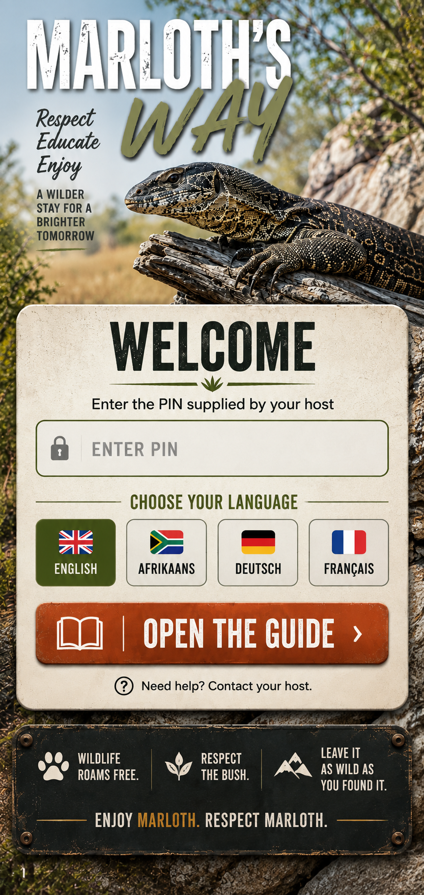 Marloth’s Way guest PIN access
